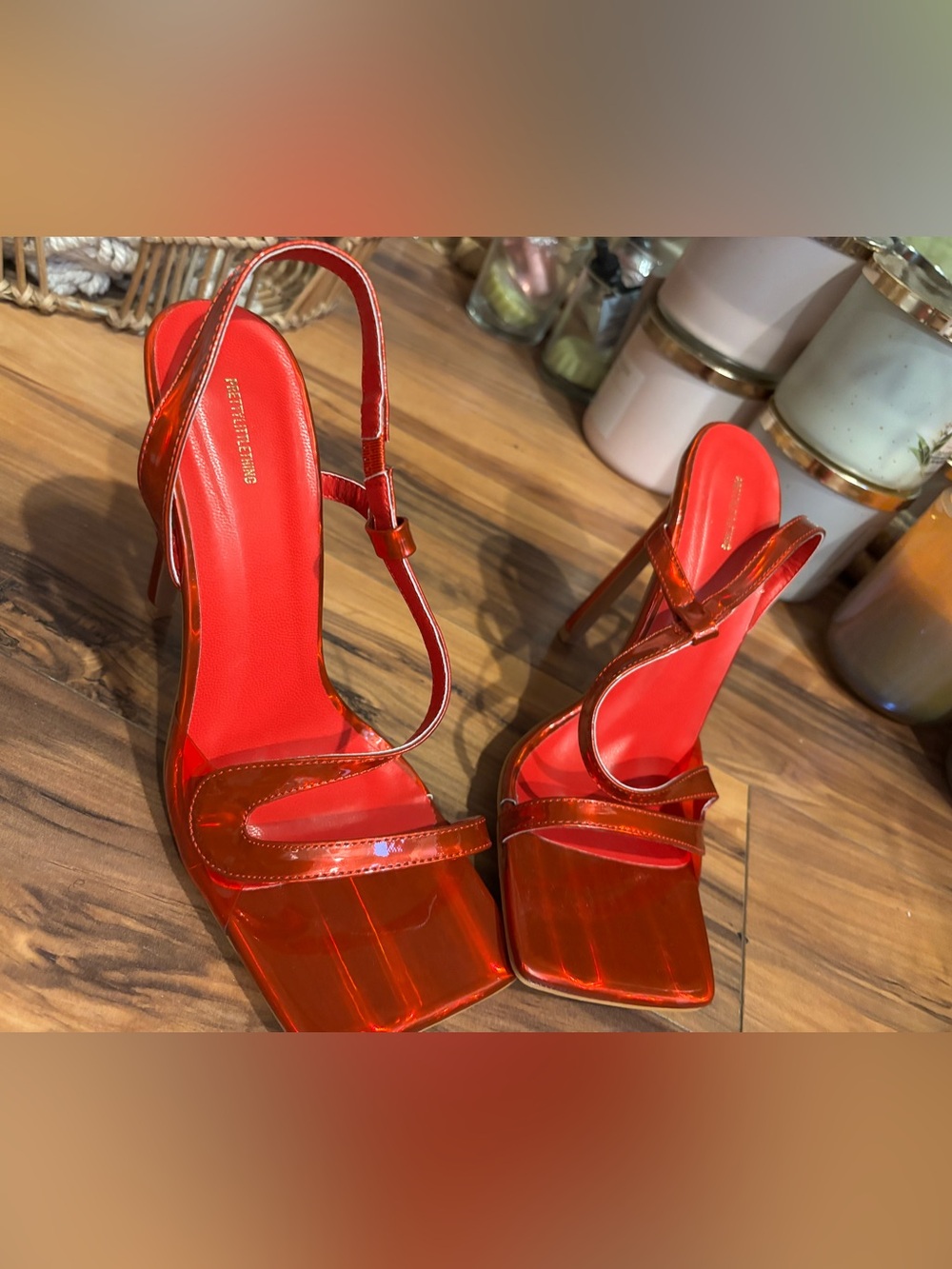 PrettyLittleThing Shiny Red Patent Square-Toe Strappy Heels